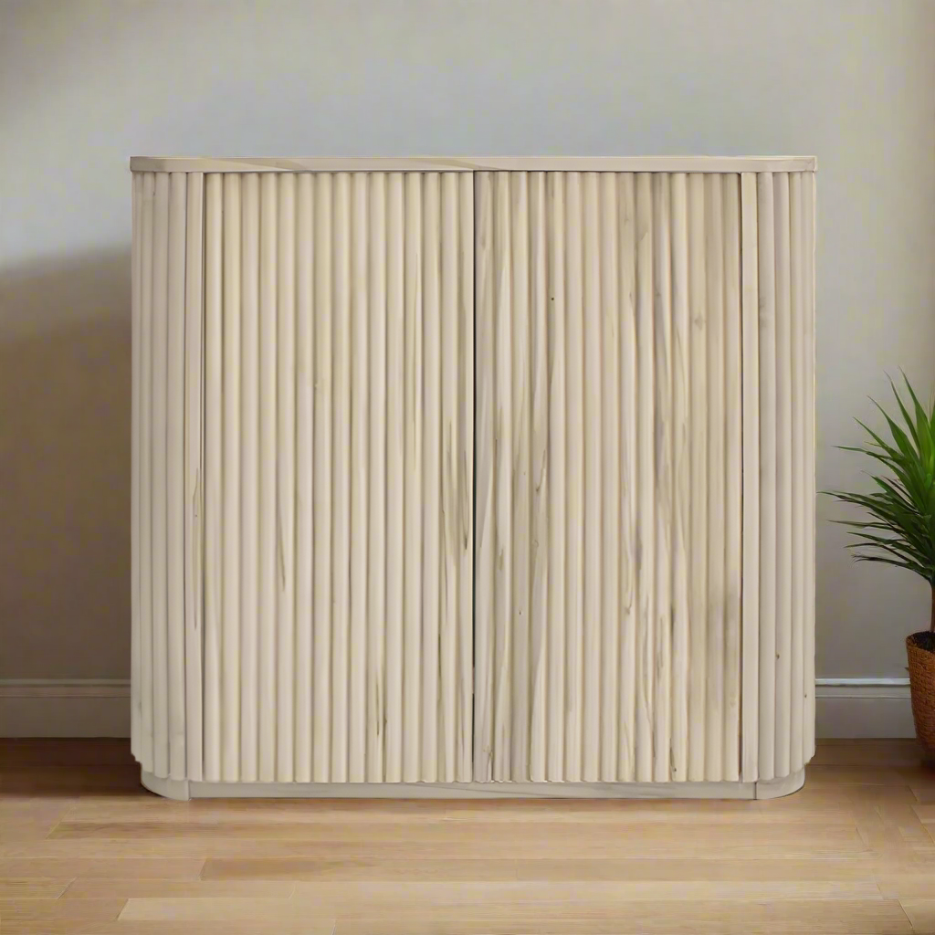 Beige woven basket with a ribbed texture on a white background