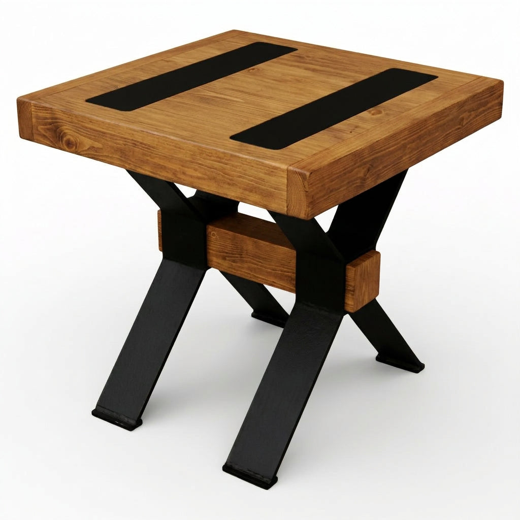 Wooden table with black metal legs on a white background