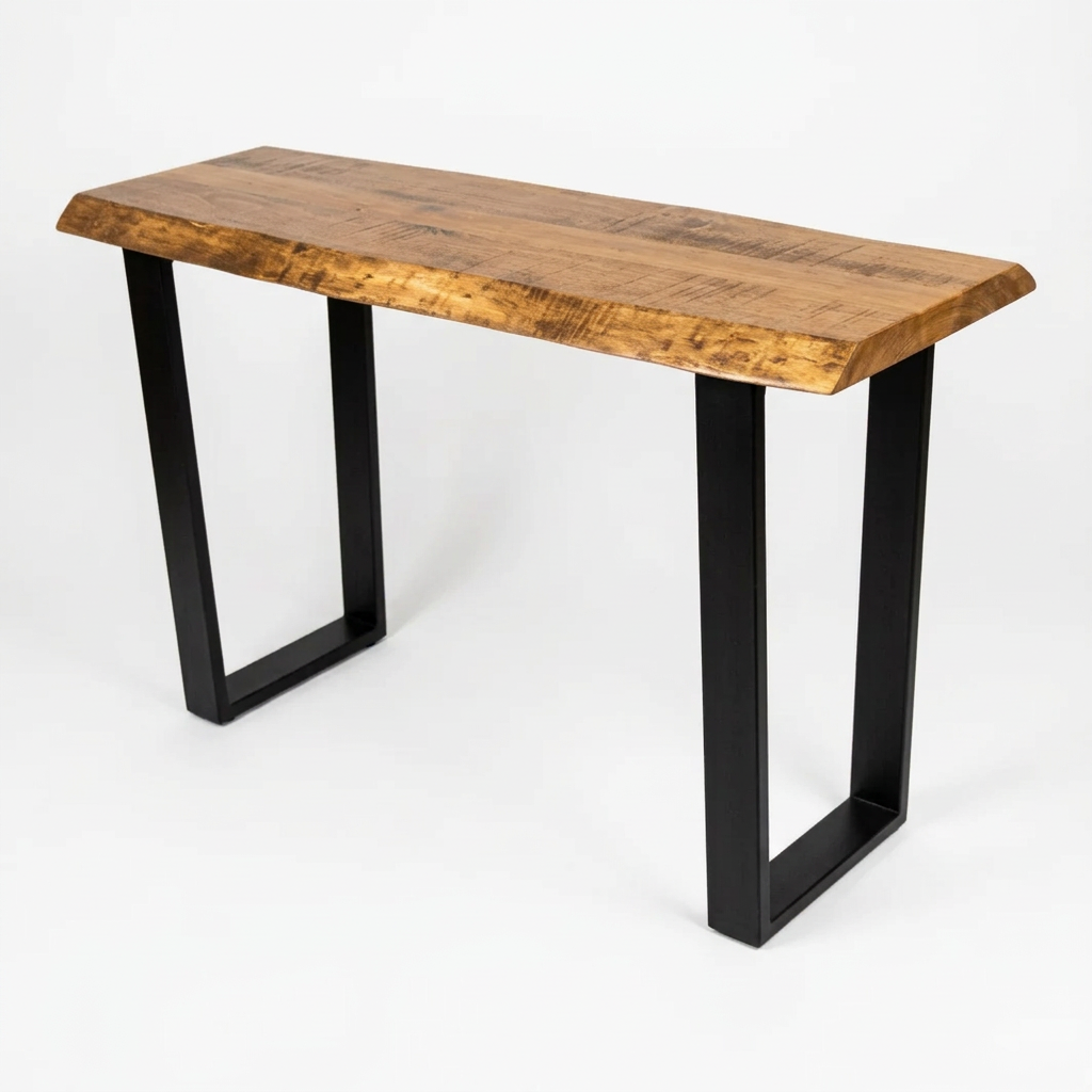 A rectangular sofa table with a solid wood top and a metal base featuring a simple, modern design.