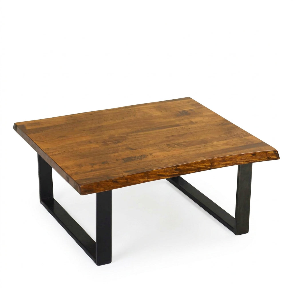 A rectangular coffee table with a solid wood top in a dark stain and a metal base with a simple, industrial design.
