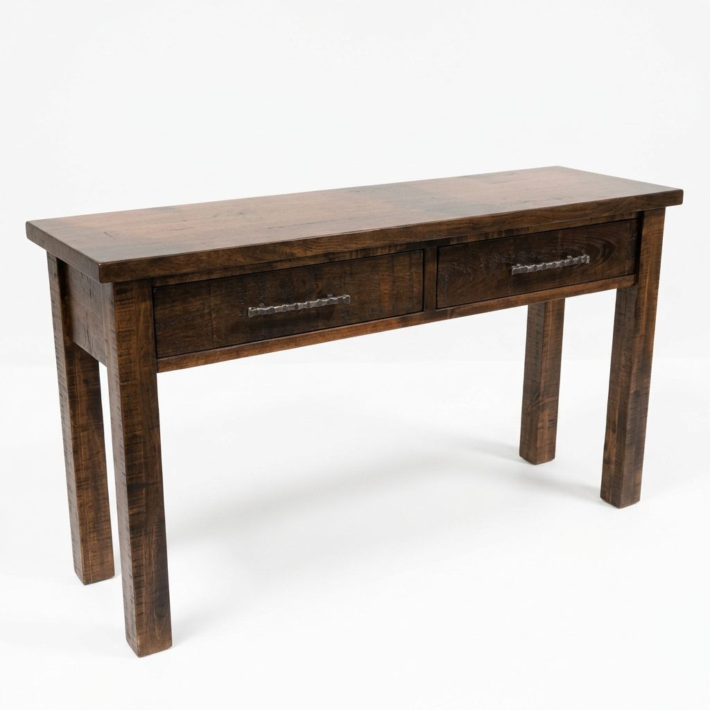 A rustic dark brown wooden writing desk with two drawers featuring decorative metal handles, set against a plain white background.