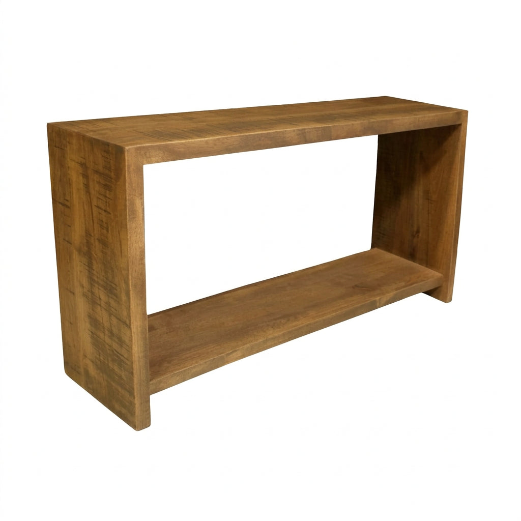 Wooden console table with a shelf on a white background