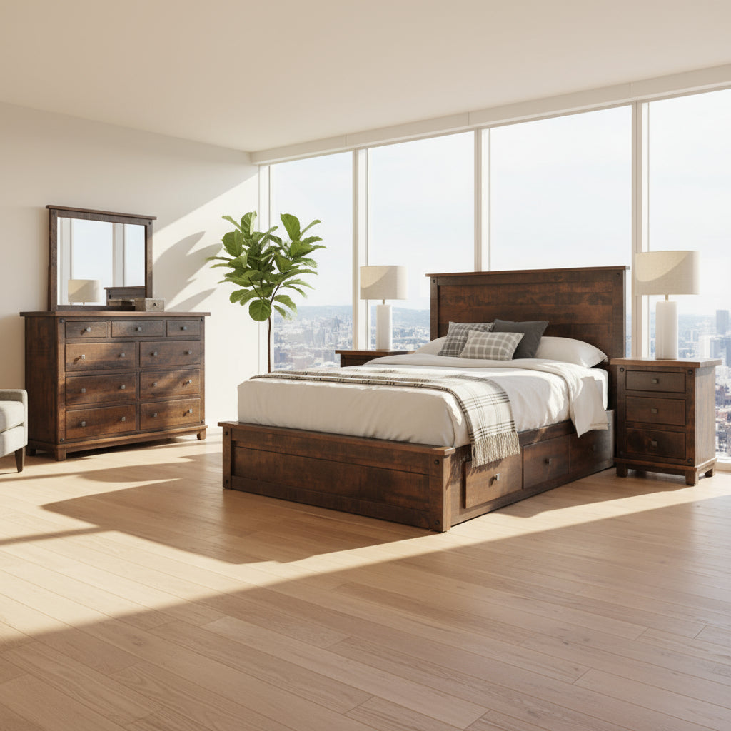 Wooden bedroom set with bed, dresser, and lamps in a room with beige walls and wooden floor.