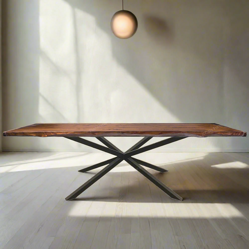 Logan Walnut Solid Wood Dining Table Top With Metal Base