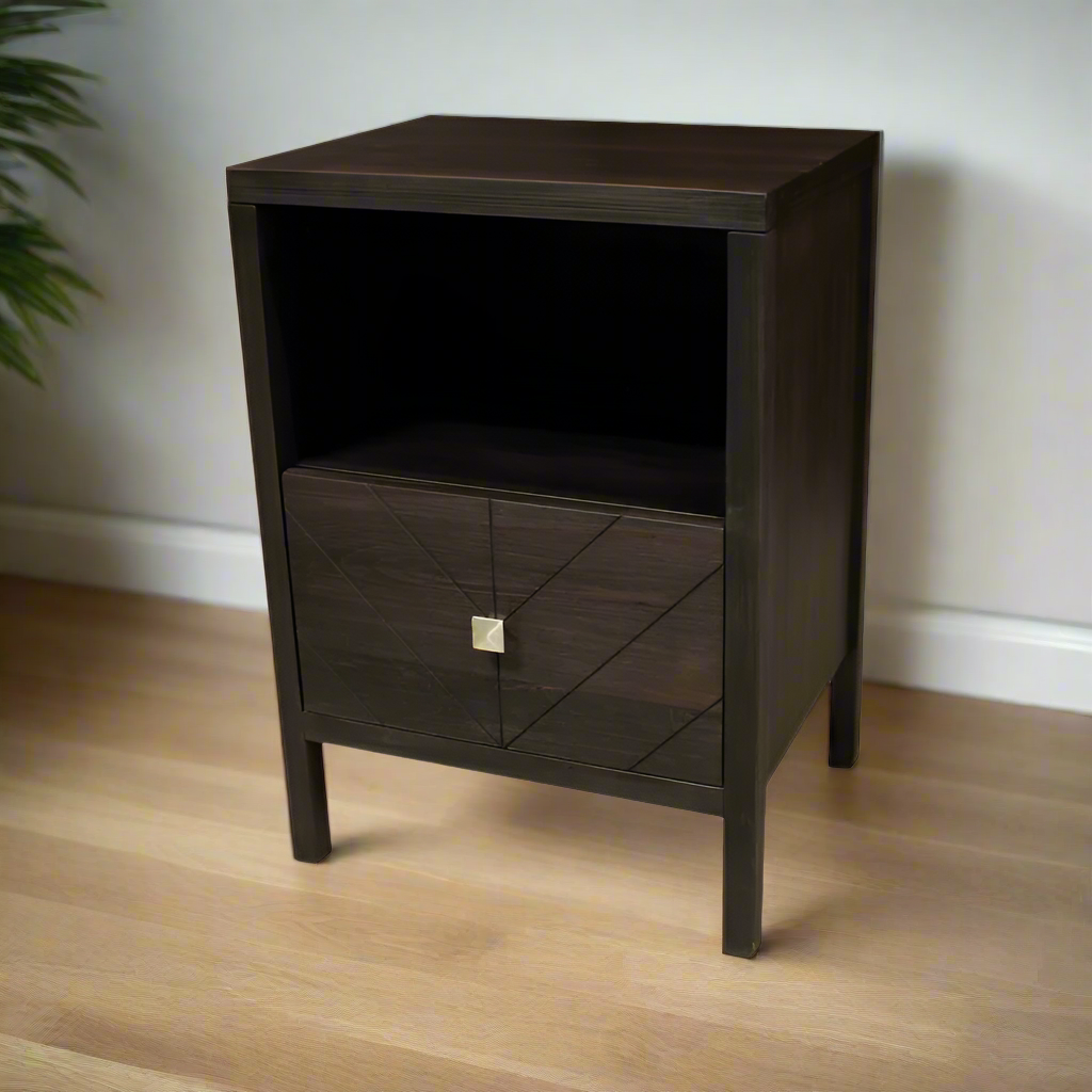 Dark wooden nightstand with a drawer on a white background