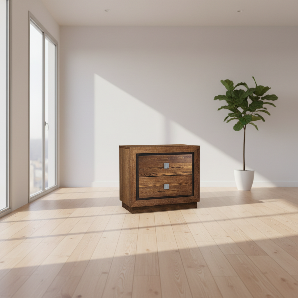 Wooden nightstand with two drawers on a white background