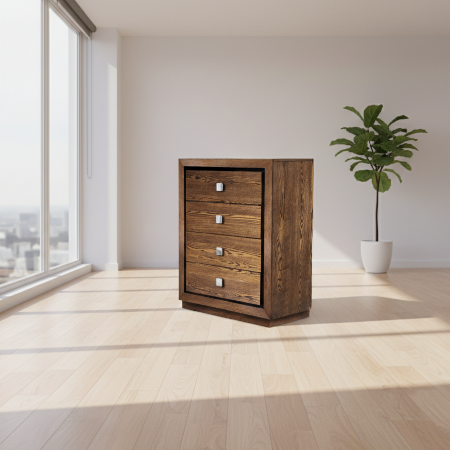 Wooden dresser with three drawers on a white background