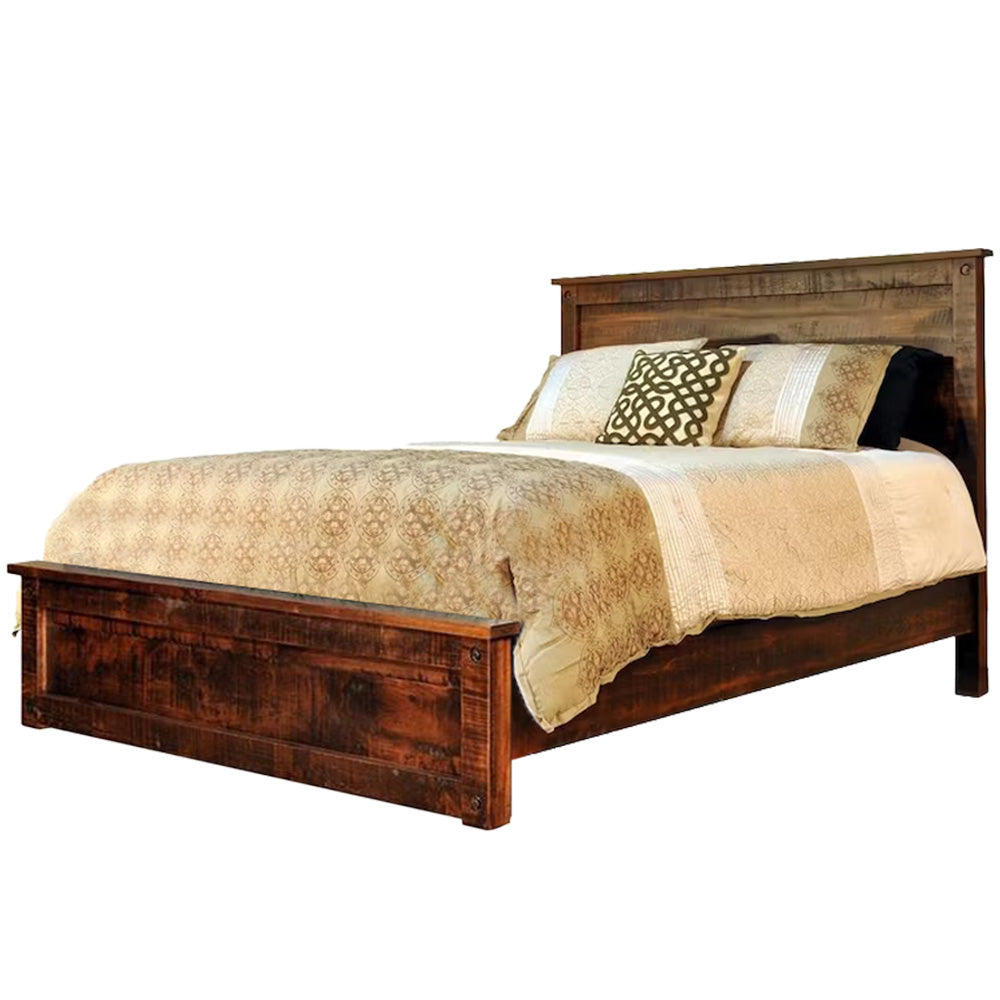 Wooden bed with bedding on a white background