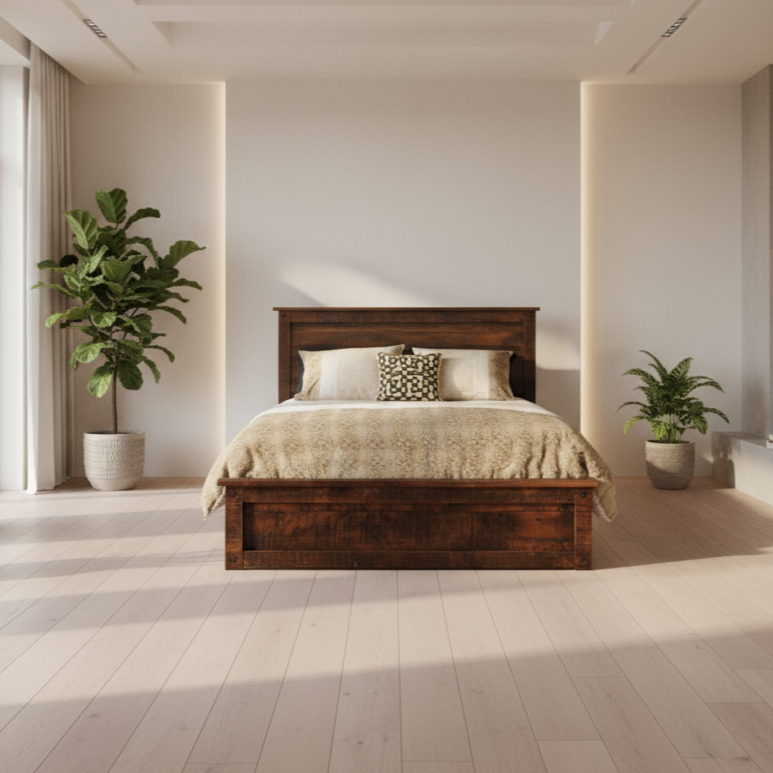 Wooden bed in a modern bedroom with plants and neutral decor