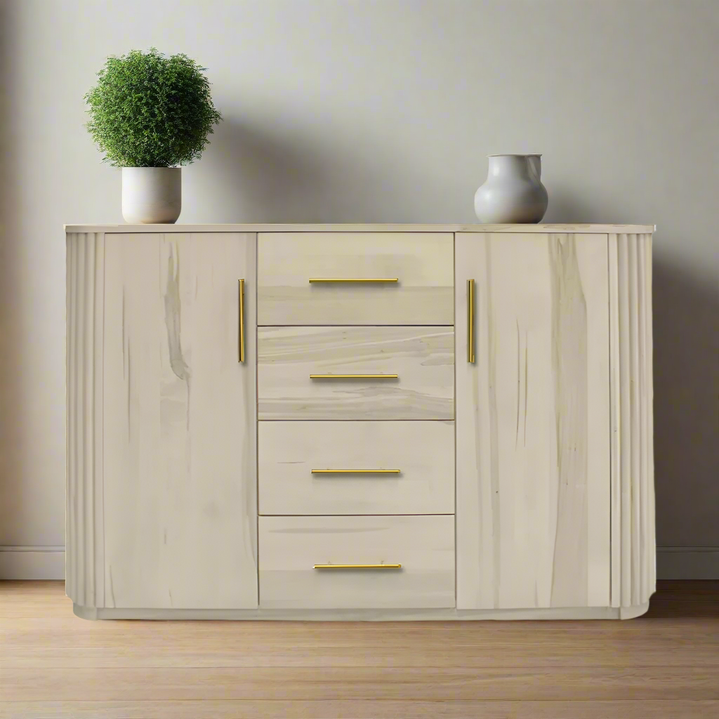 Wooden cabinet with gold handles on a white background