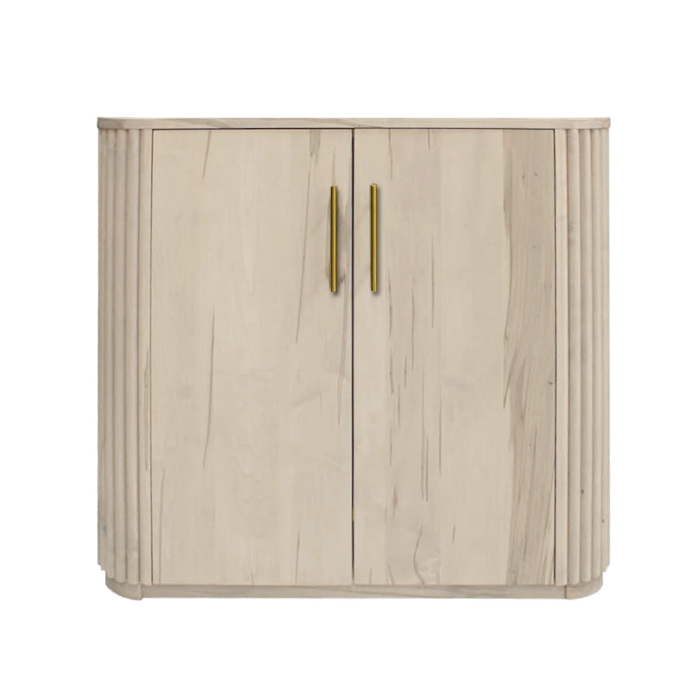 Wooden cabinet with two doors and gold handles on a white background