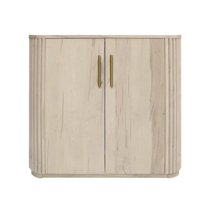 Wooden cabinet with two doors and gold handles on a white background