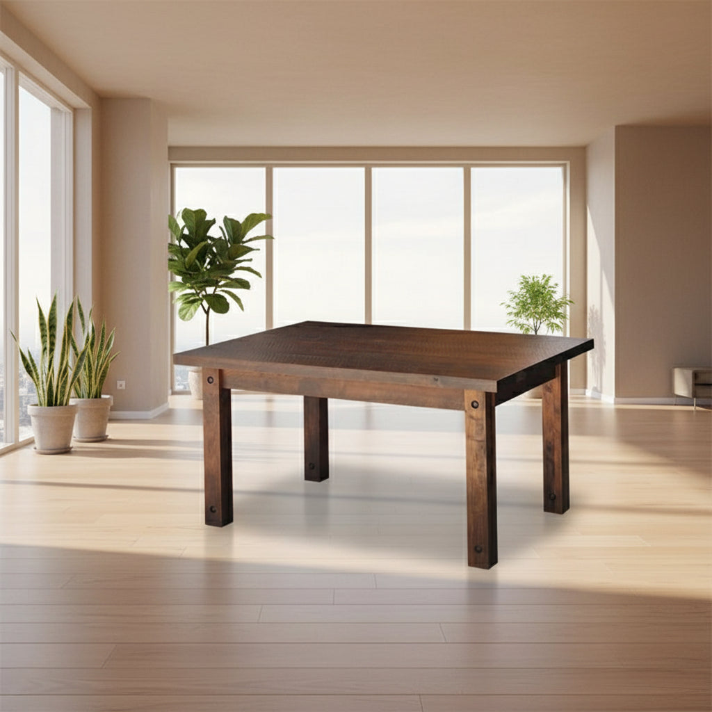 Wooden table on a wooden floor with a plain wall background