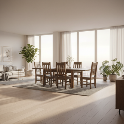 Dining room with wooden table and chairs in a bright, modern home.