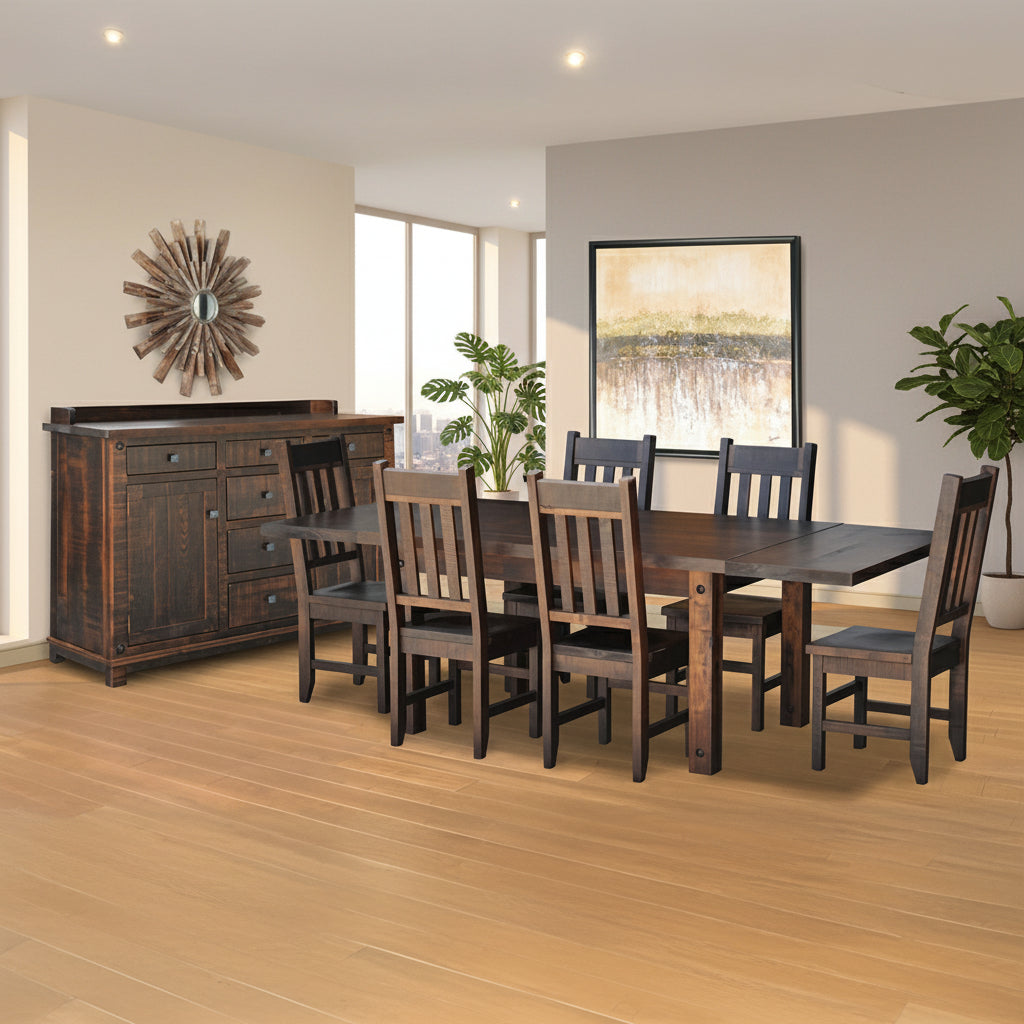 Dining room with wooden table and chairs, sideboard, and wall decor.