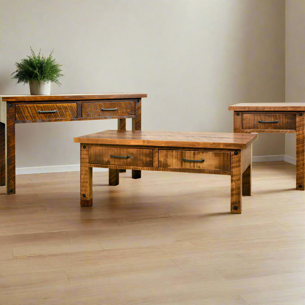 Wooden desk and nightstand set on a white background