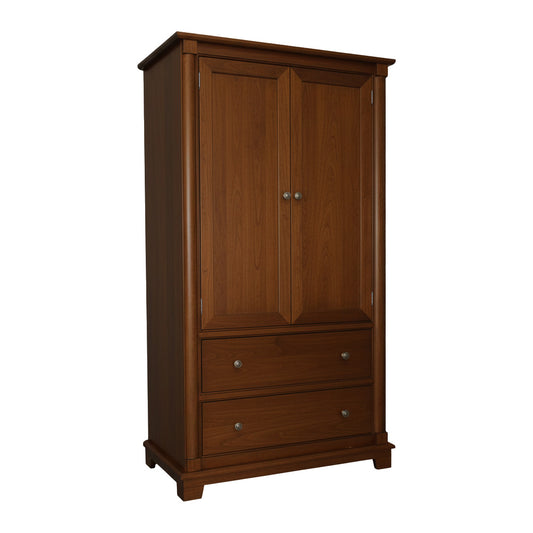 Wooden wardrobe with two doors and two drawers on a white background