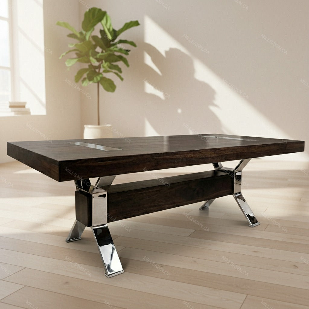 Arthur Philippe Solid Wood Top With Metal Base Table + 2-16" End Leaves