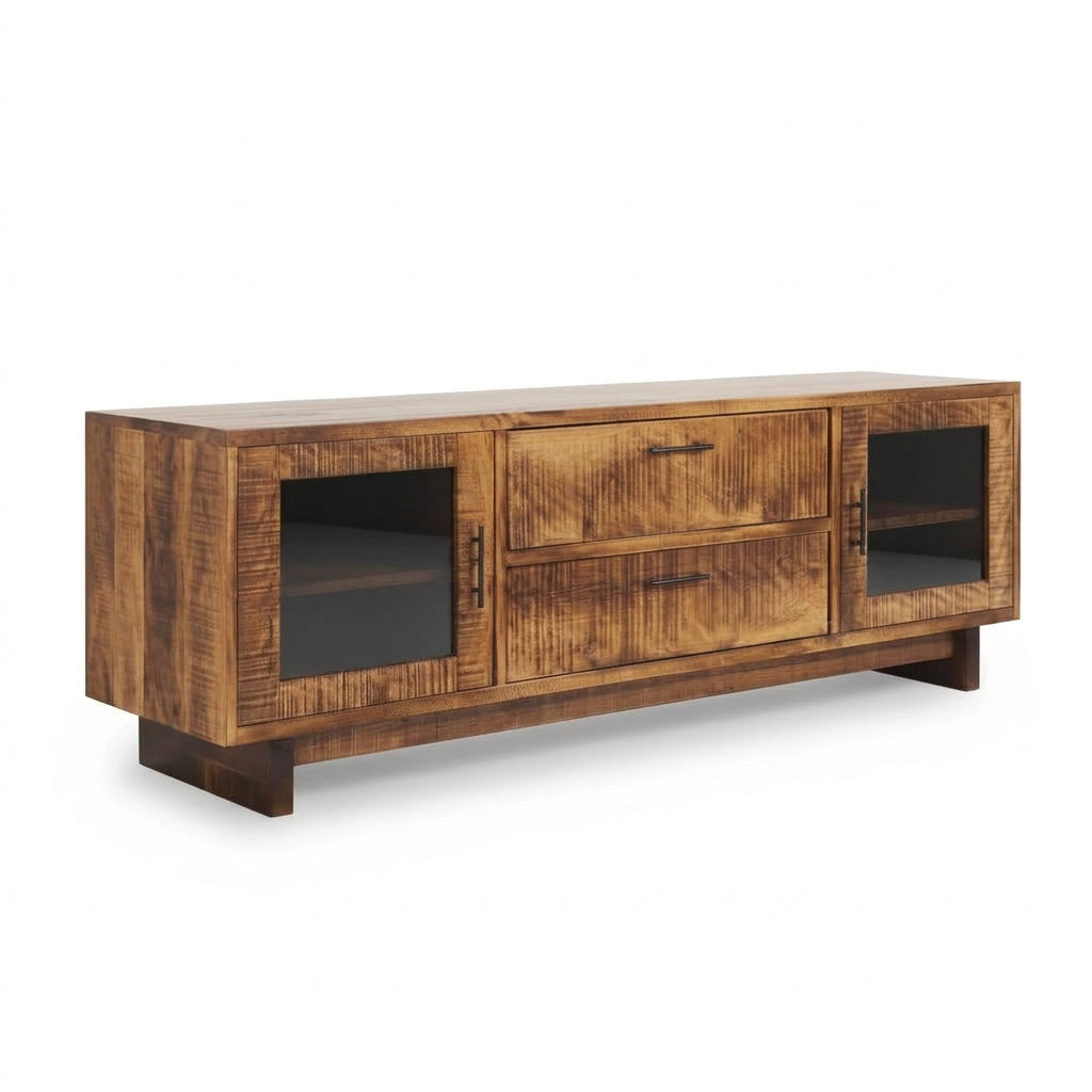 A rustic wood TV stand or media console with two drawers, two glass-front cabinet doors, and open shelving, shown on a plain white background.