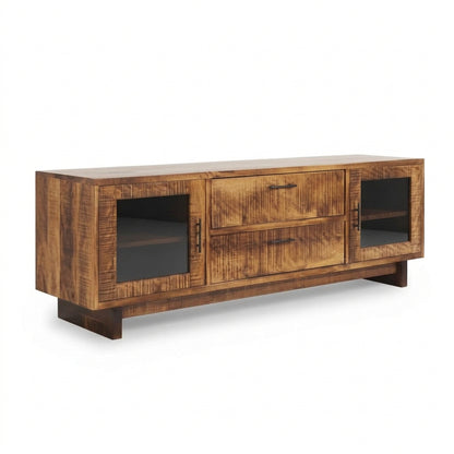 A rustic wood TV stand or media console with two drawers, two glass-front cabinet doors, and open shelving, shown on a plain white background.