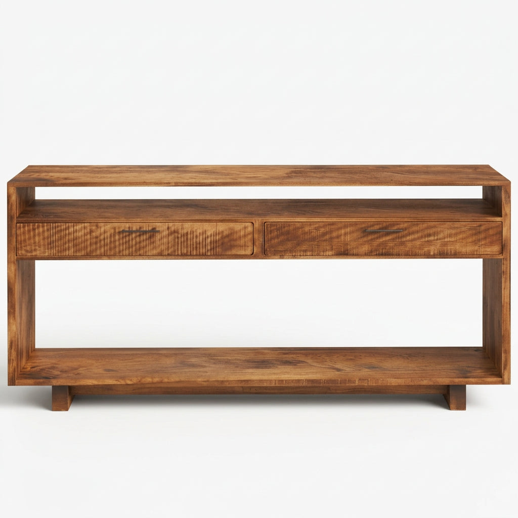 A rustic dark brown wooden TV stand or console table with two woven rattan drawer fronts and an open lower shelf, shown against a plain white background.