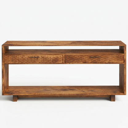 A rustic dark brown wooden TV stand or console table with two woven rattan drawer fronts and an open lower shelf, shown against a plain white background.