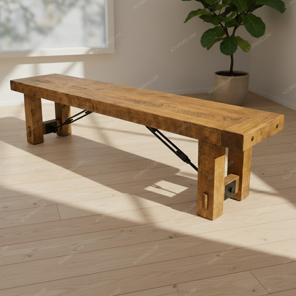 Wooden bench on a wooden floor with a plant in the background