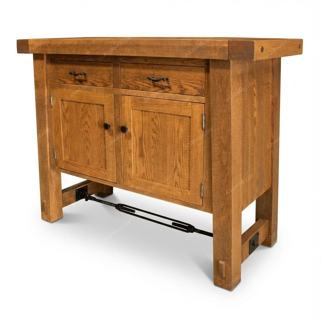 Wooden sideboard with drawers and doors on a white background