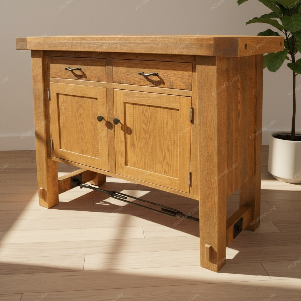 Wooden sideboard with two doors and two drawers on a wooden floor.