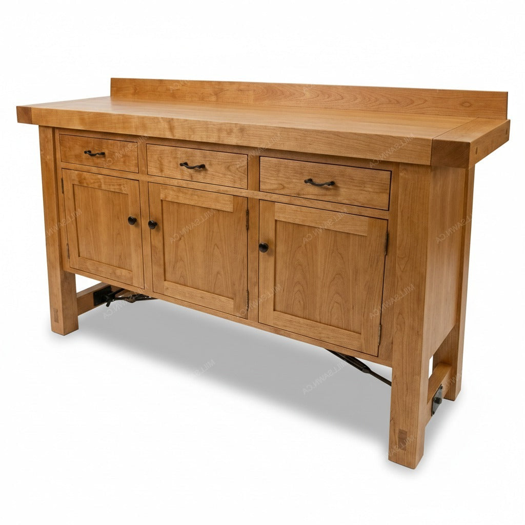 Wooden sideboard with drawers and doors on a white background