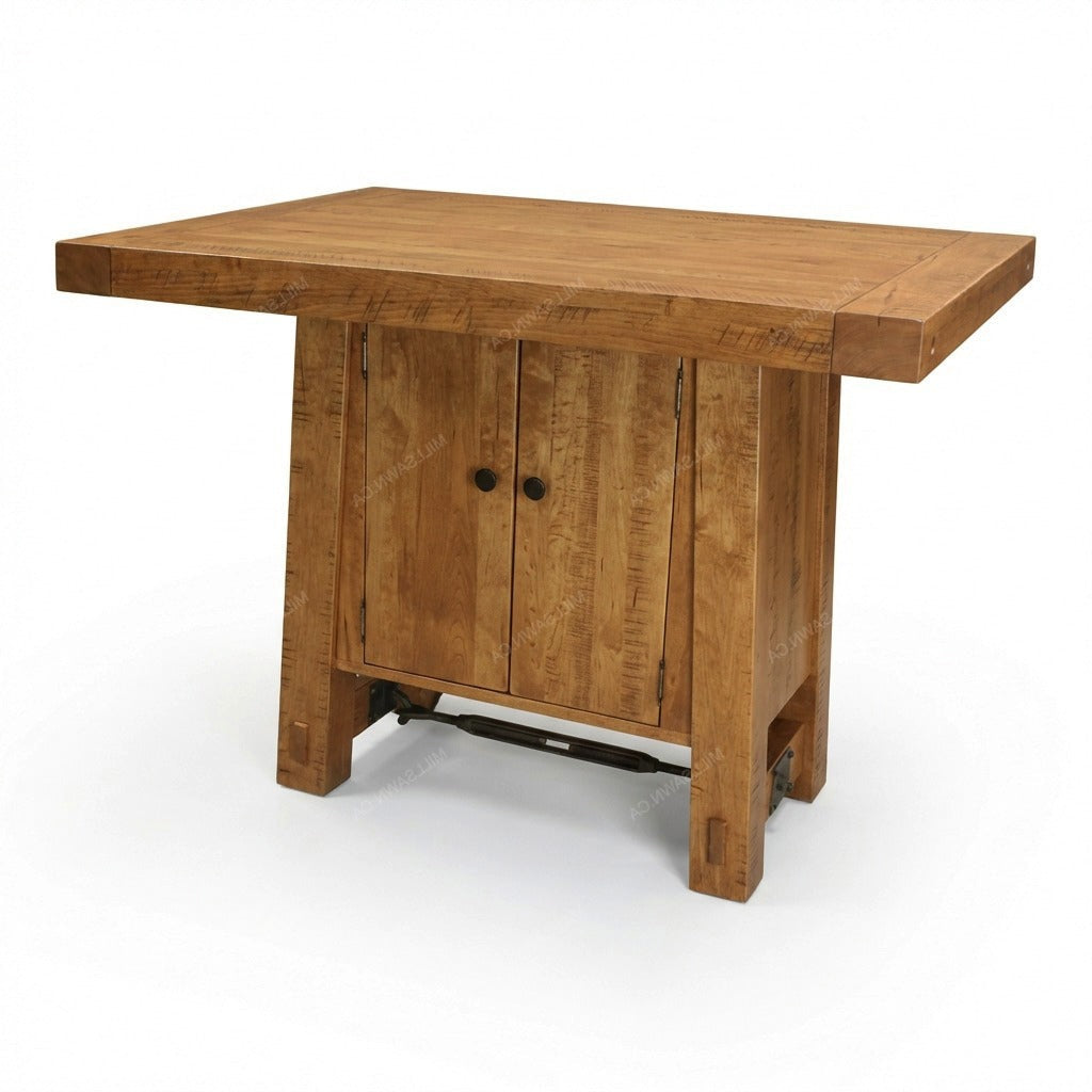 Wooden table with a cabinet on a white background