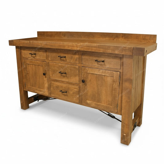 Wooden workbench with multiple drawers on a white background