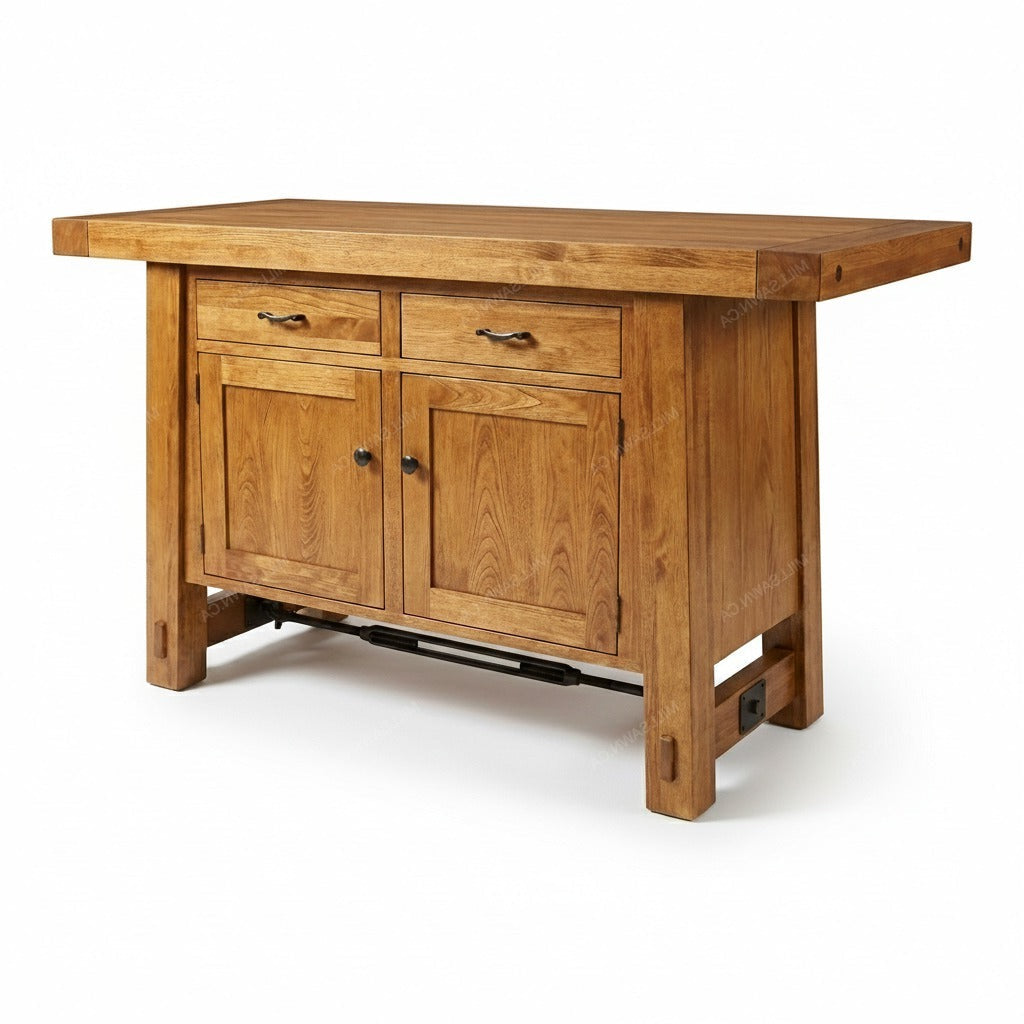 Wooden kitchen island with drawers and cabinets on a white background