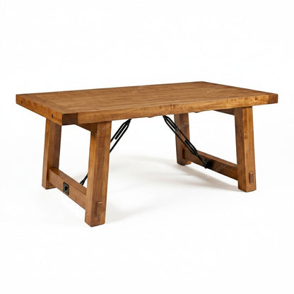 Wooden dining table with a rustic design on a white background