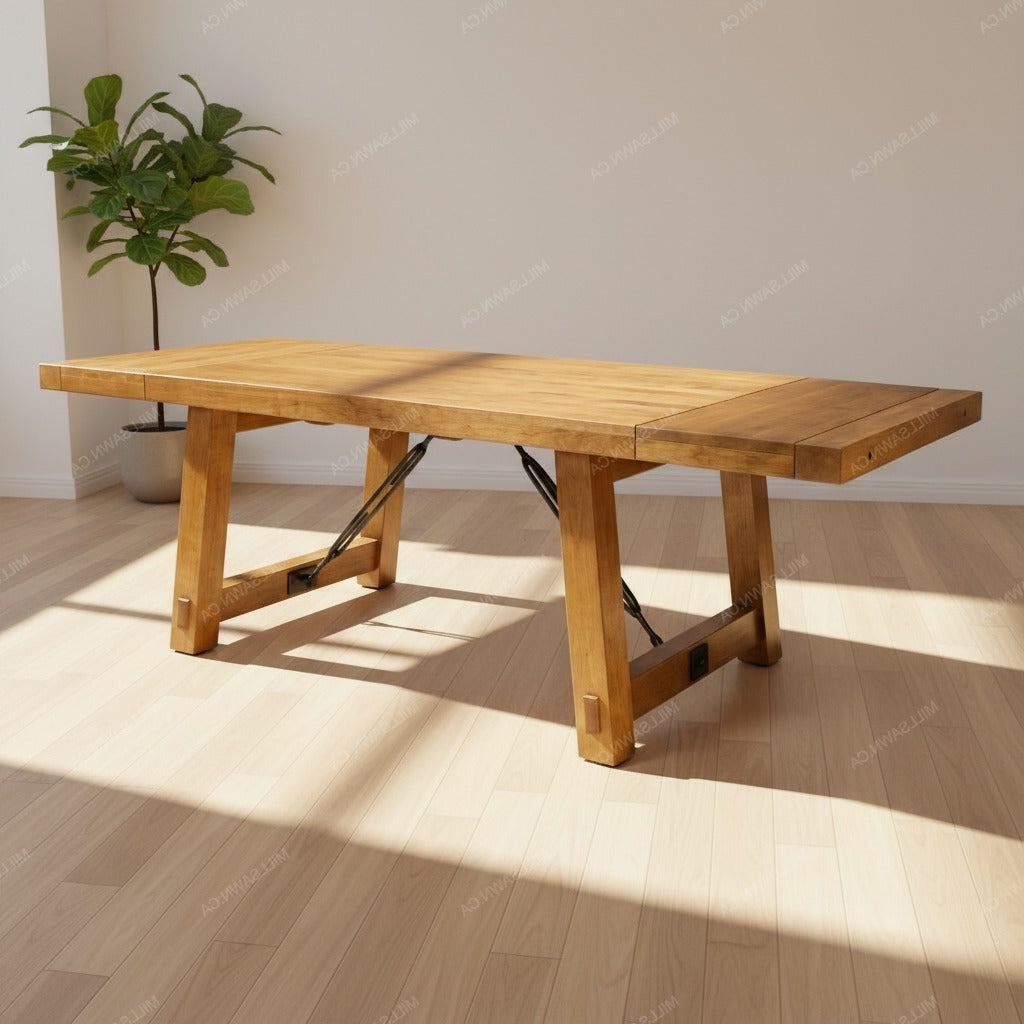 Wooden dining table in a room with sunlight streaming through a window