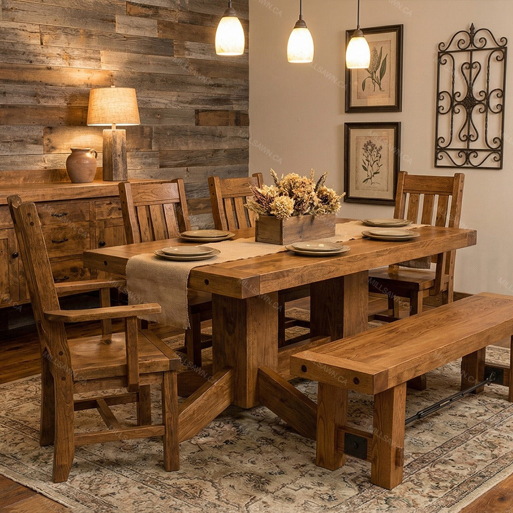 Benchmark Solid Wood Pedestal Solid Wood Dining Table + 2-12" End Leaves