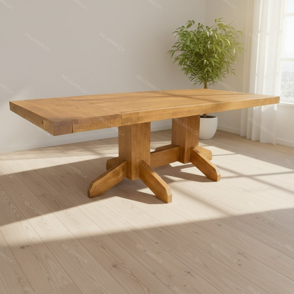 Benchmark Solid Wood Pedestal Solid Wood Dining Table + 2-12" End Leaves