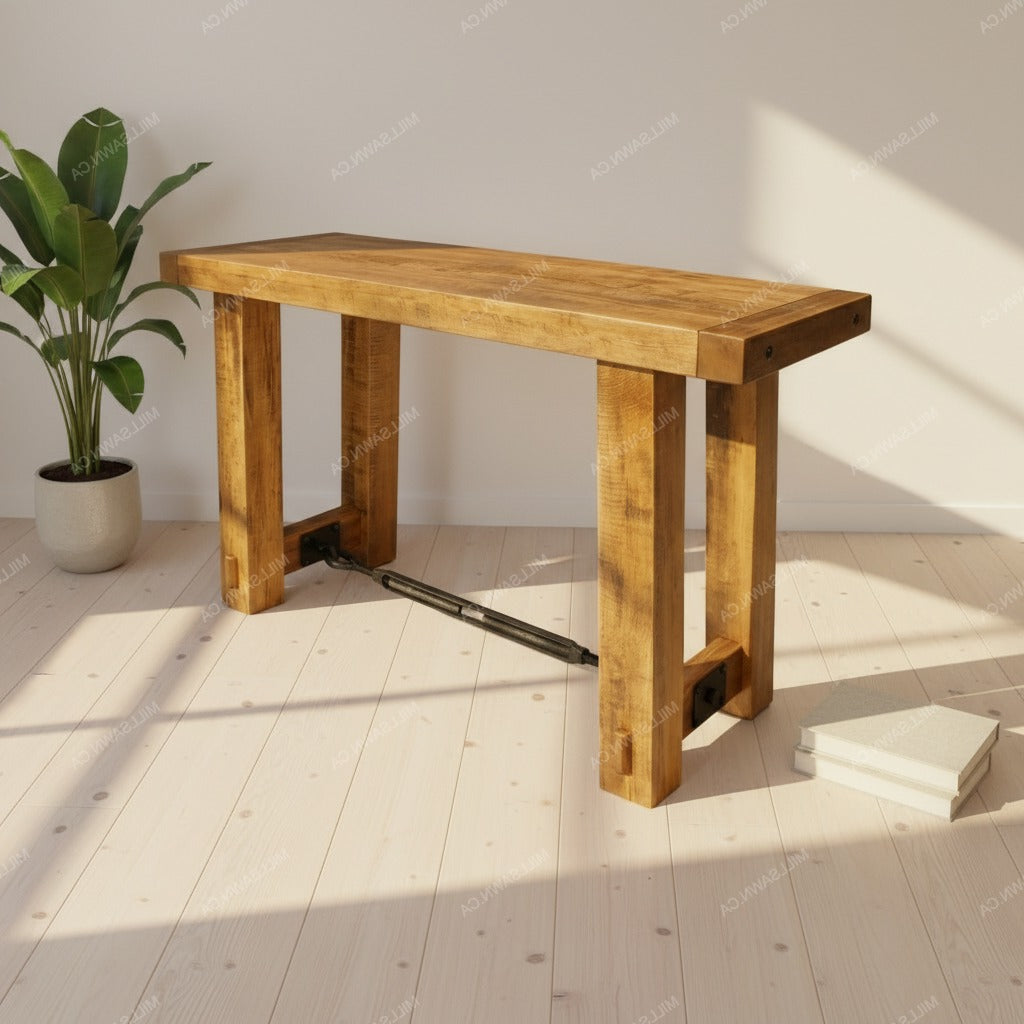 Wooden bench in a room with a plant and light on the floor