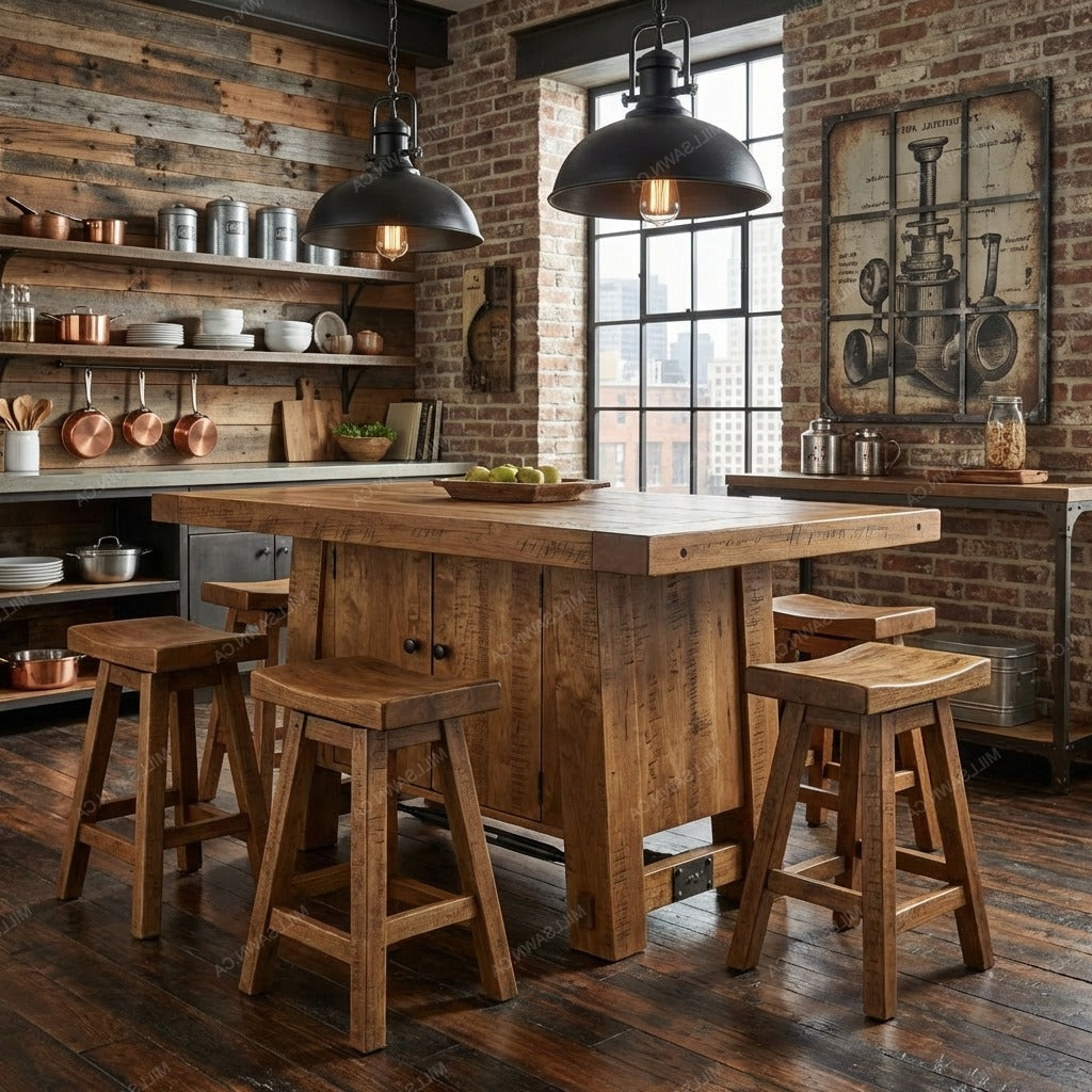 Wooden kitchen island with stools in a rustic kitchen setting.