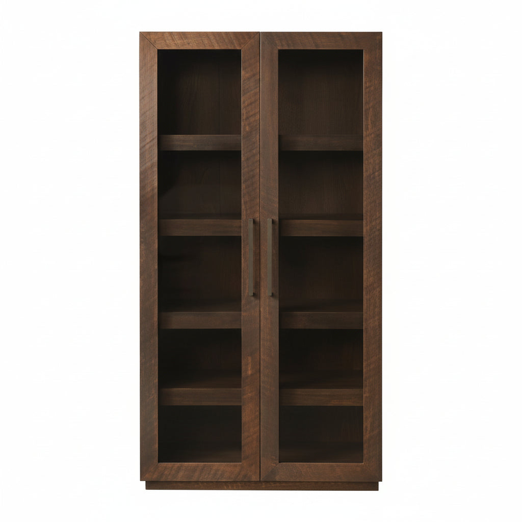 Wooden bookshelf with glass doors on a white background