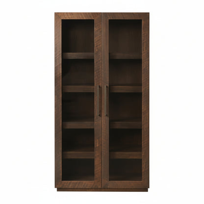Wooden bookshelf with glass doors on a white background