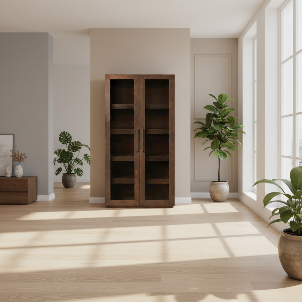 Wooden bookshelf with glass doors on a white background