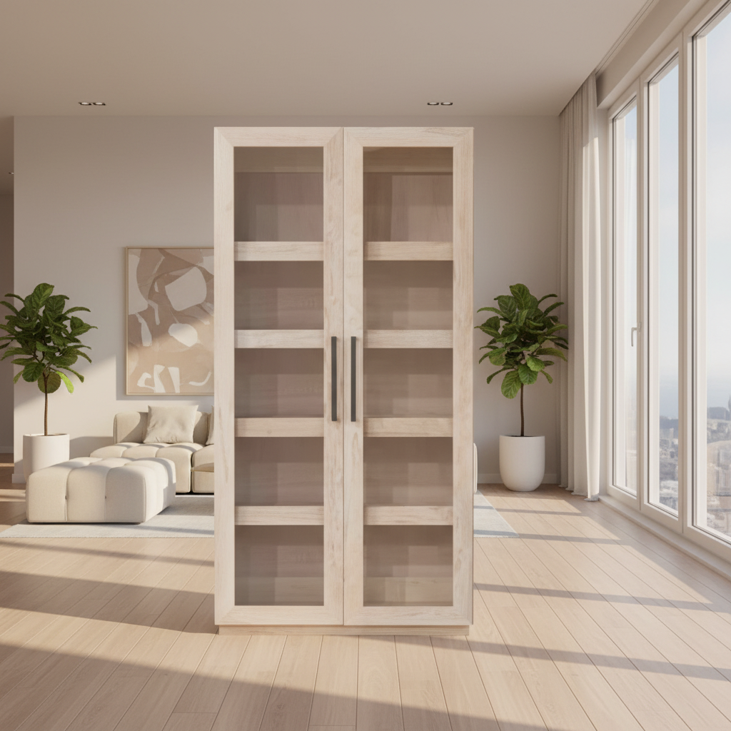 Wooden cabinet with glass doors on a white background