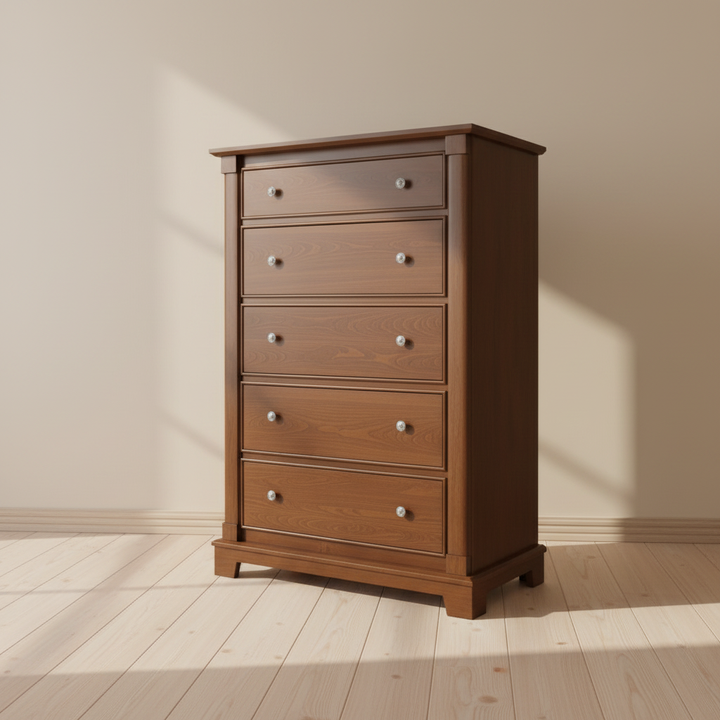 Wooden dresser with five drawers on a white background