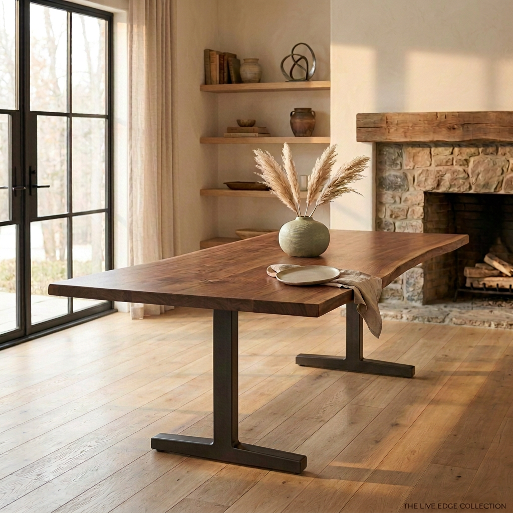 Clasp Walnut Solid Wood Dining Table Top With Metal Base