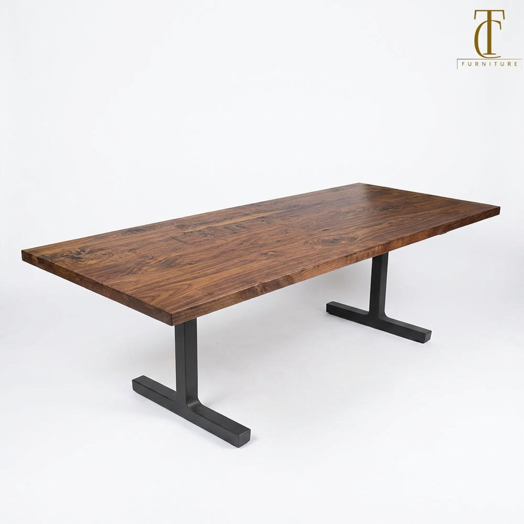 Clasp Walnut Solid Wood Dining Table Top With Metal Base