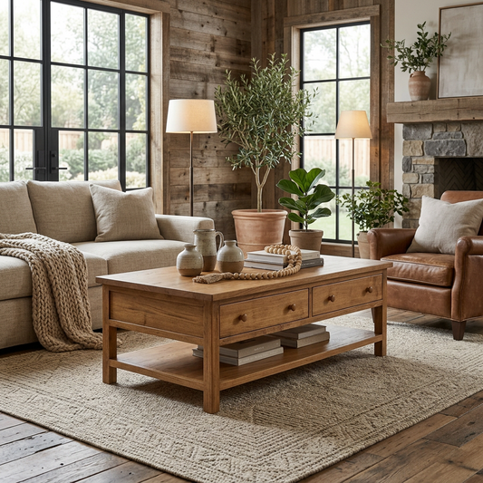 A rectangular solid wood coffee table with a rustic finish and two drawers, placed against a white background.