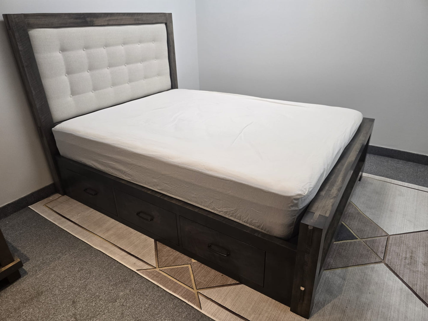 Custom Ranch Queen Storage Bed With Fabric Headboard (in Stock)