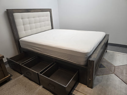 Custom Ranch Queen Storage Bed With Fabric Headboard (in Stock)