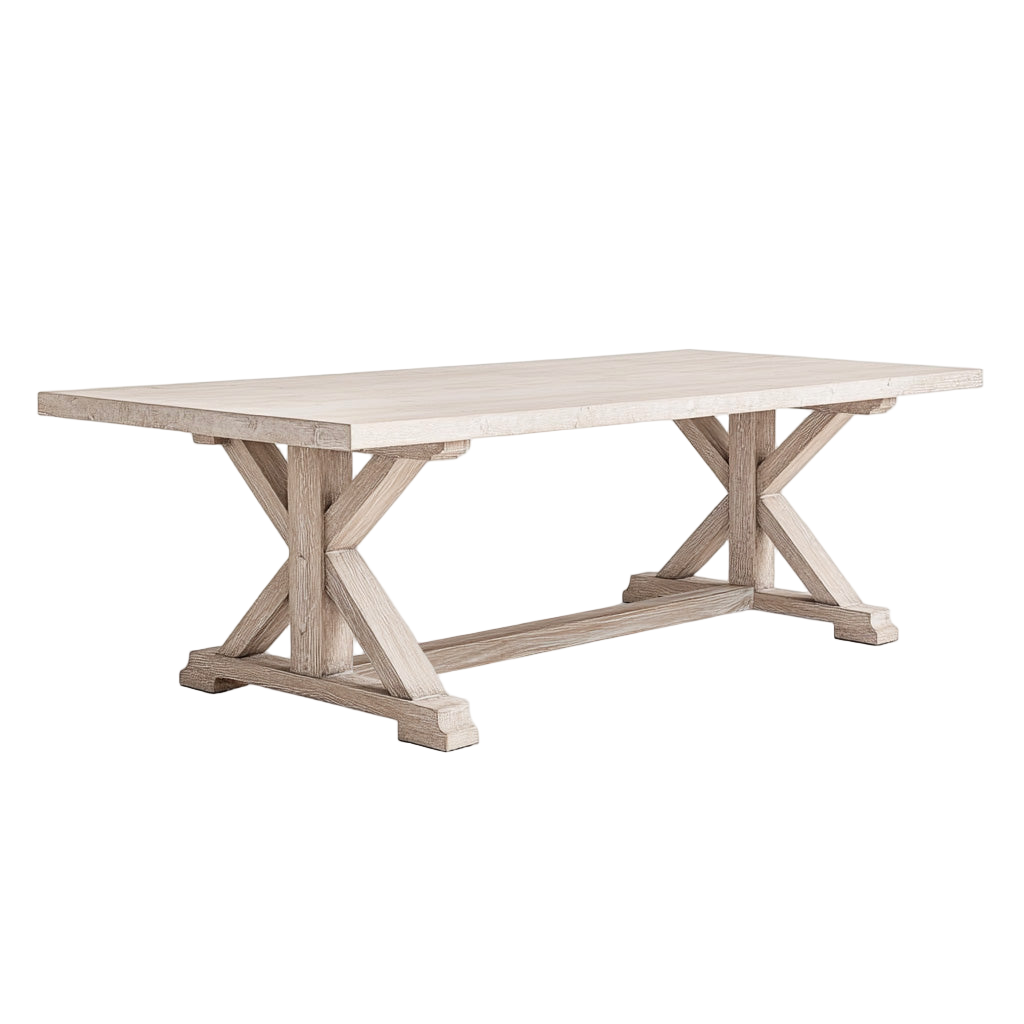 A rectangular solid wood dining table with a visible grain pattern and a low sheen finish.